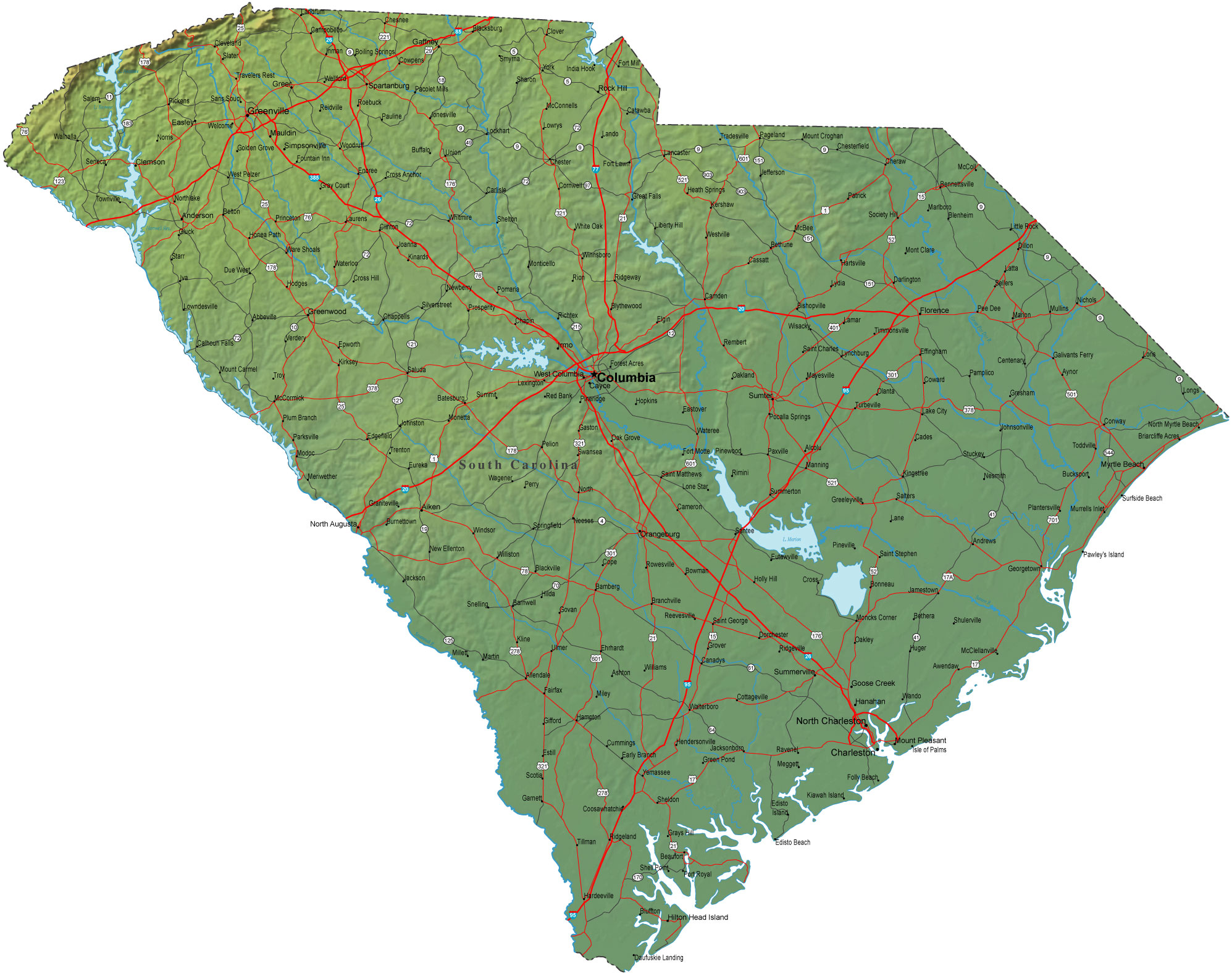 Detailed South Carolina Map - SC Terrain Map